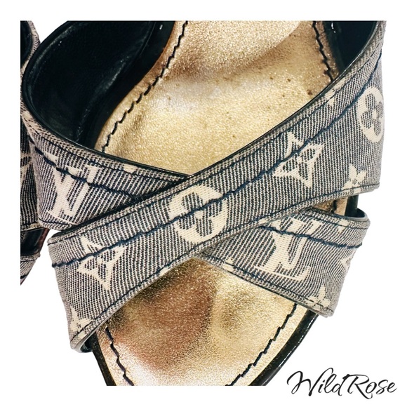 Louis Vuitton Blue Mini Lin Canvas And Patent Leather D'orsay Open Toe Pumps 37 - Picture 8 of 17
